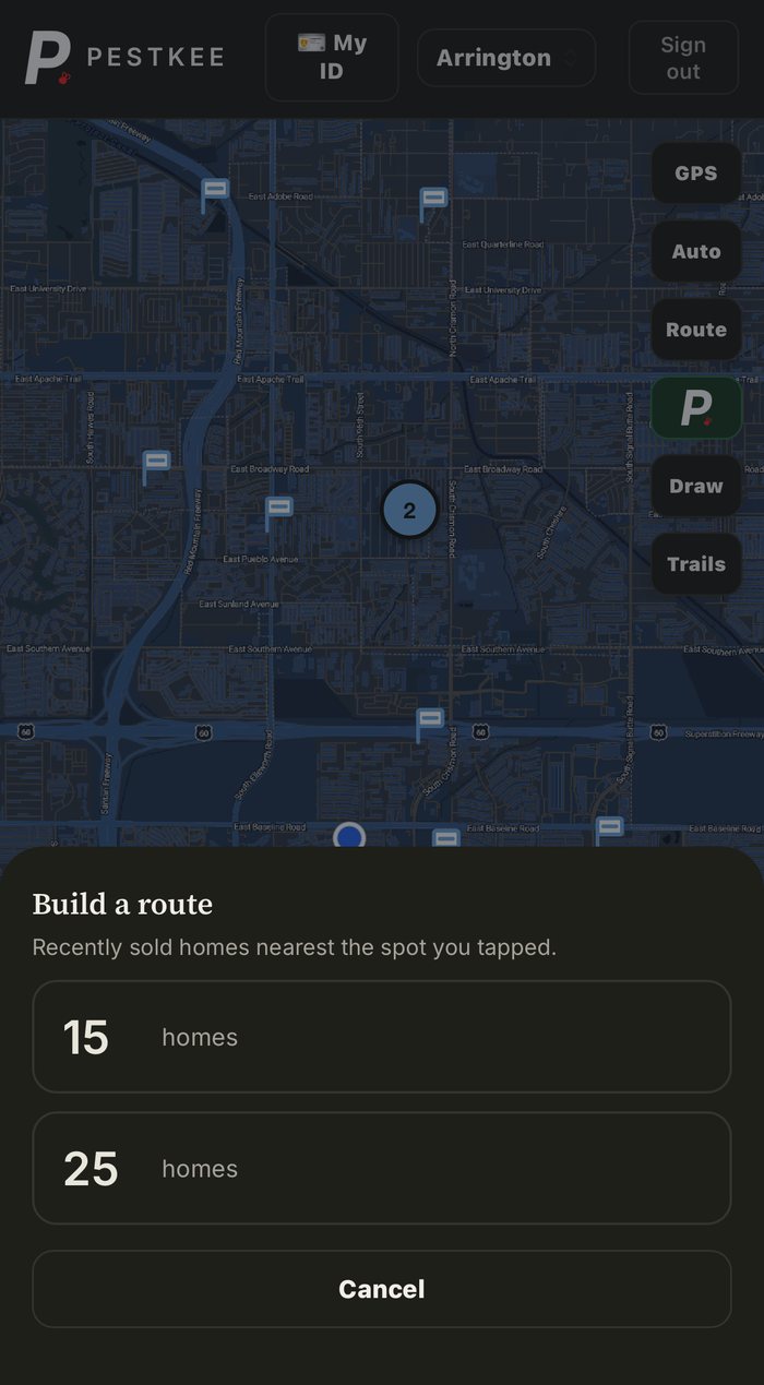 A panel reading Build a route, with large buttons for 15 homes or 25 homes