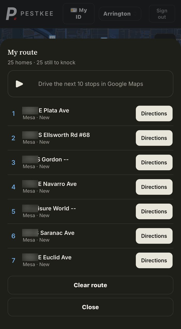 An ordered route list of 25 stops, each with a Directions button
